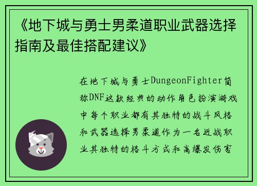 《地下城与勇士男柔道职业武器选择指南及最佳搭配建议》