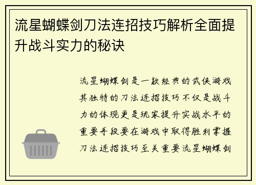 流星蝴蝶剑刀法连招技巧解析全面提升战斗实力的秘诀